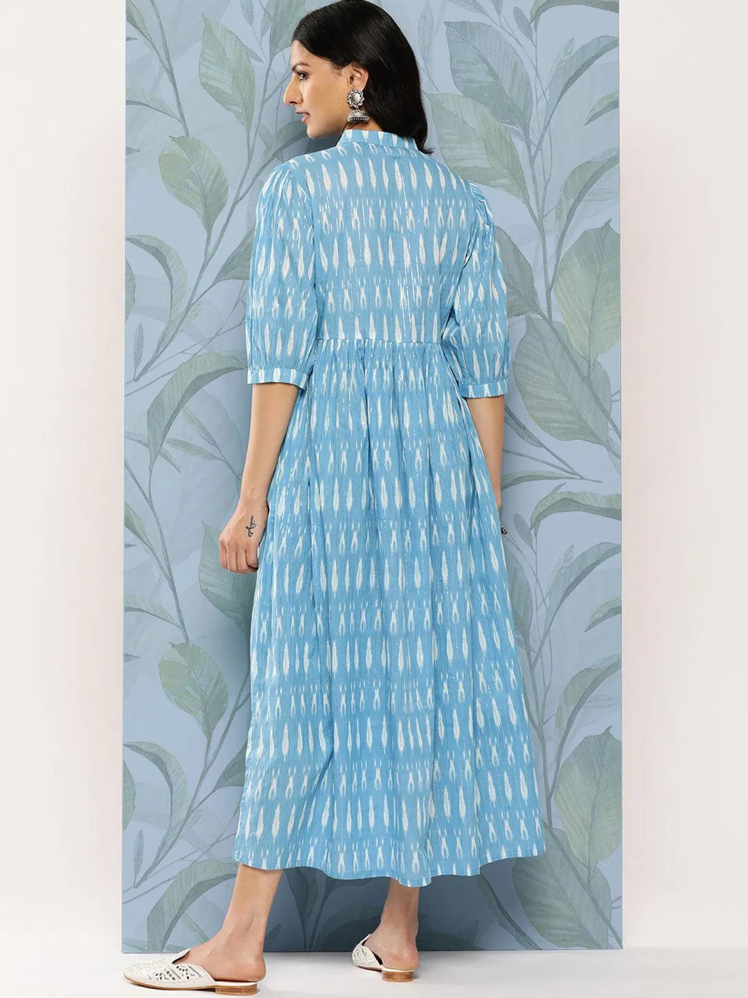 Blue Self Design Cotton Fit and Flare Dress - Libas 