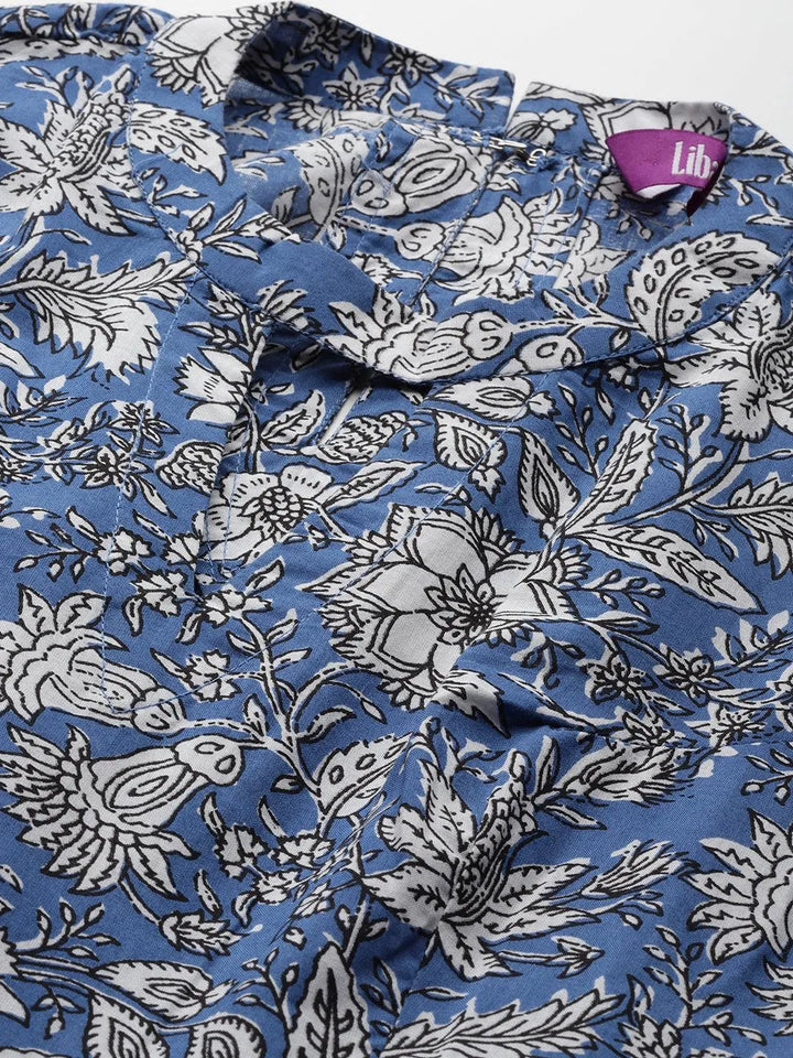Blue Printed Cotton Fit and Flare Dress - Libas