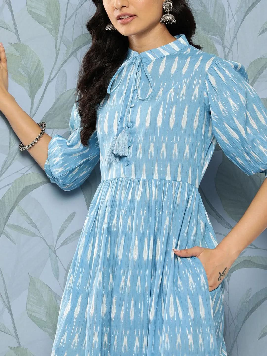Buy Blue Printed Cotton Fit and Flare Dress Online at Rs.474