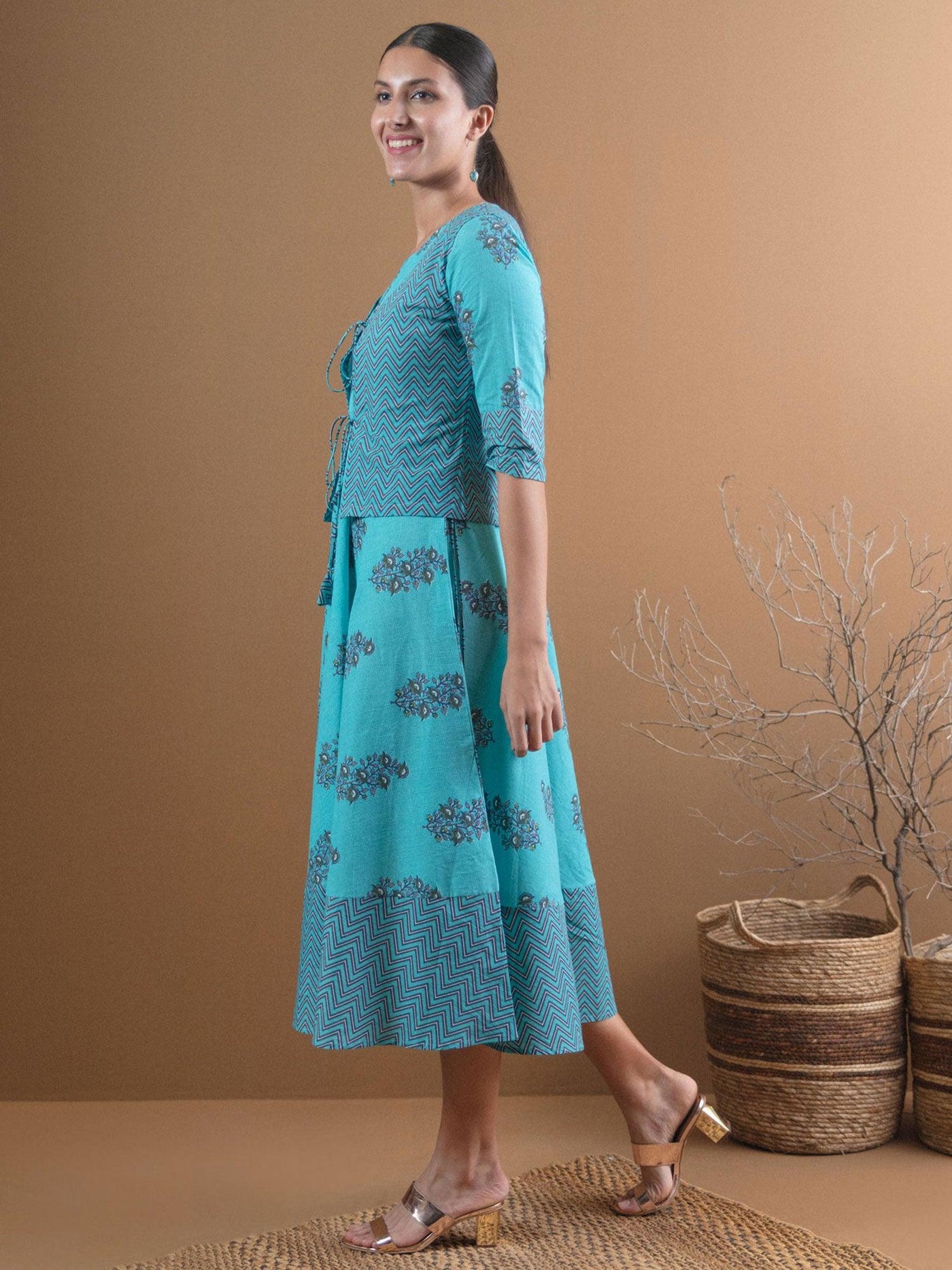 Blue Printed Cotton Jacket Dress With Mask - Libas