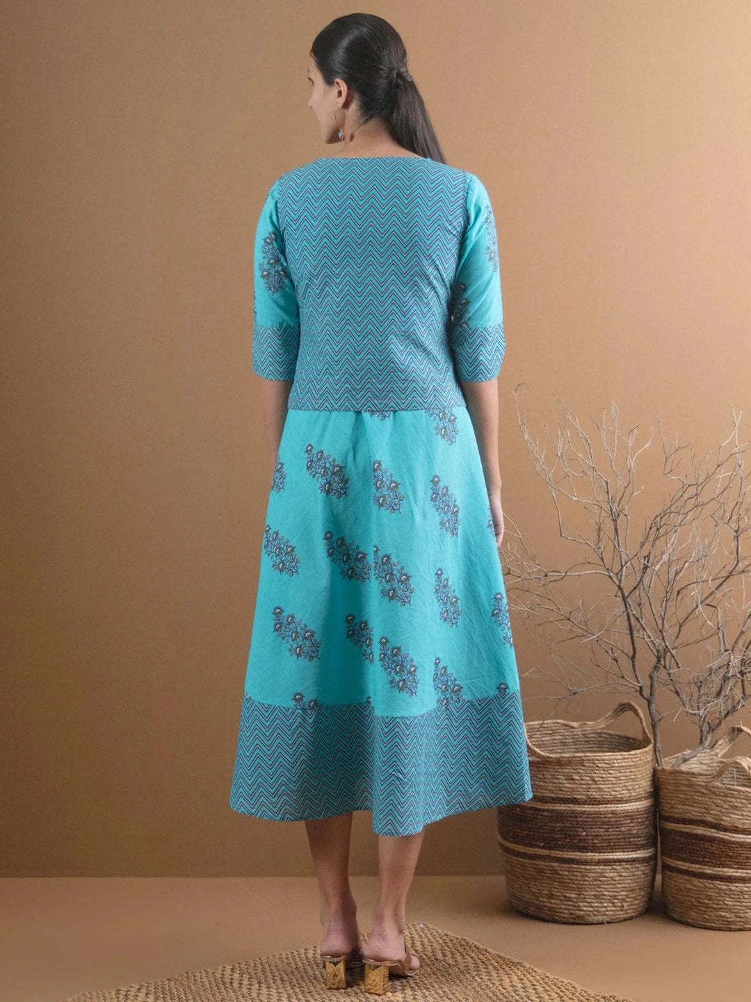 Blue Printed Cotton Jacket Dress With Mask - Libas 