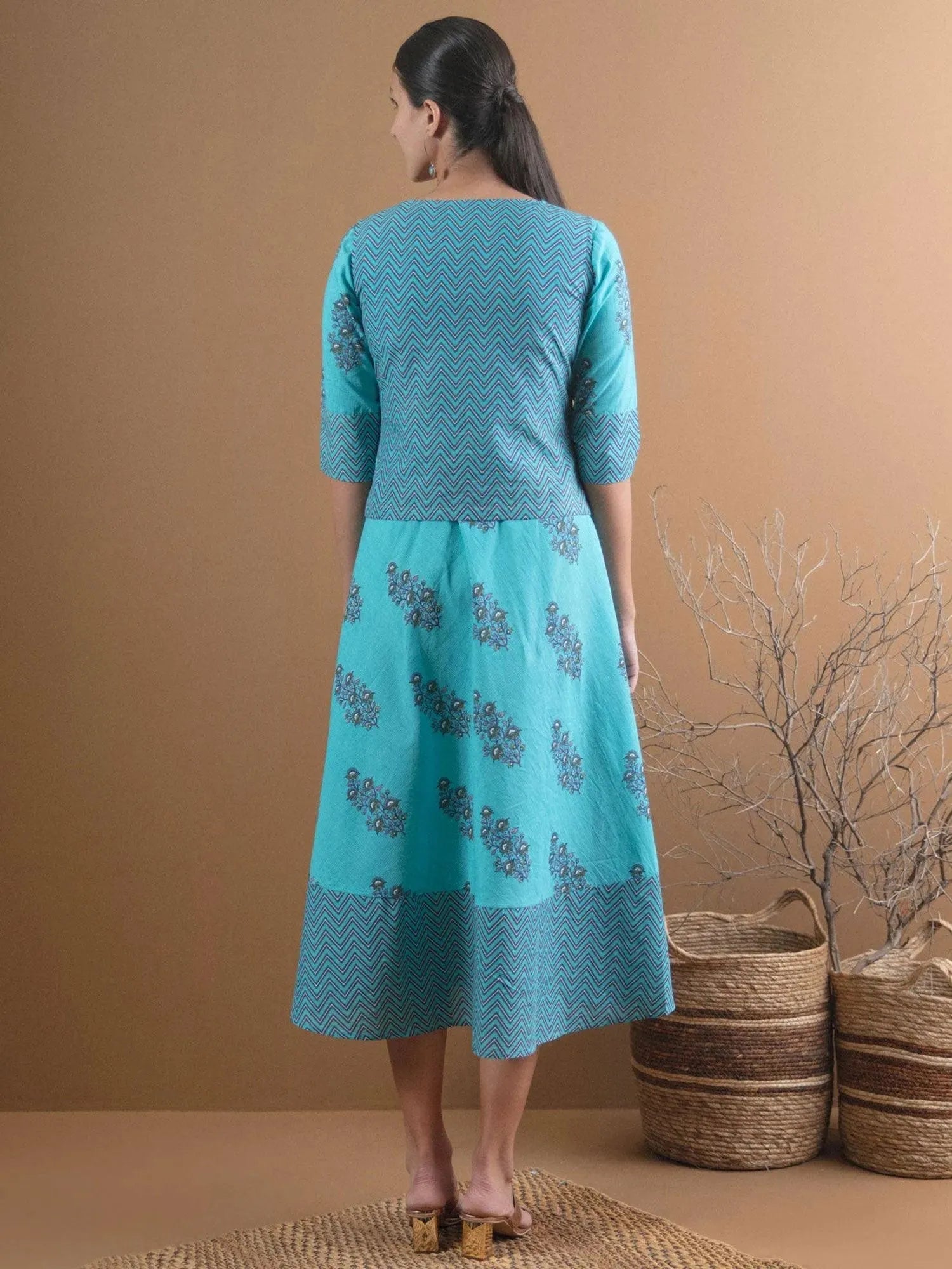 

Buy Blue Printed Flared Dress With Ethnic Jacket And Mask Online | Libas
