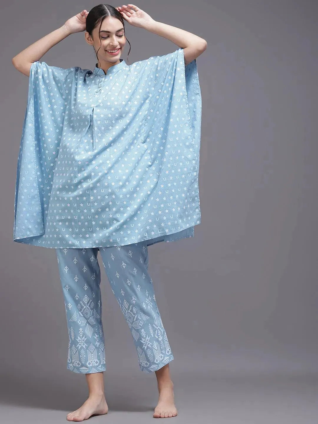 Blue Printed Cotton Night Suit - Libas