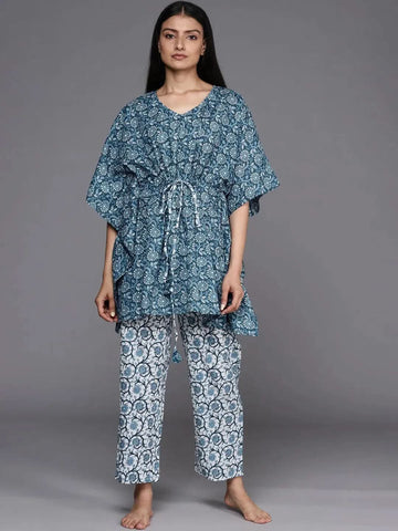 Blue Printed Cotton Kaftan Kurta With Trousers