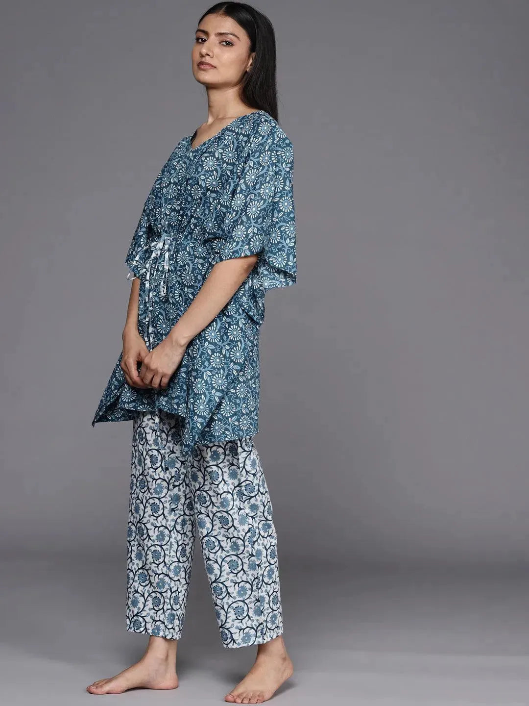 Blue Printed Cotton Night Suit - Libas