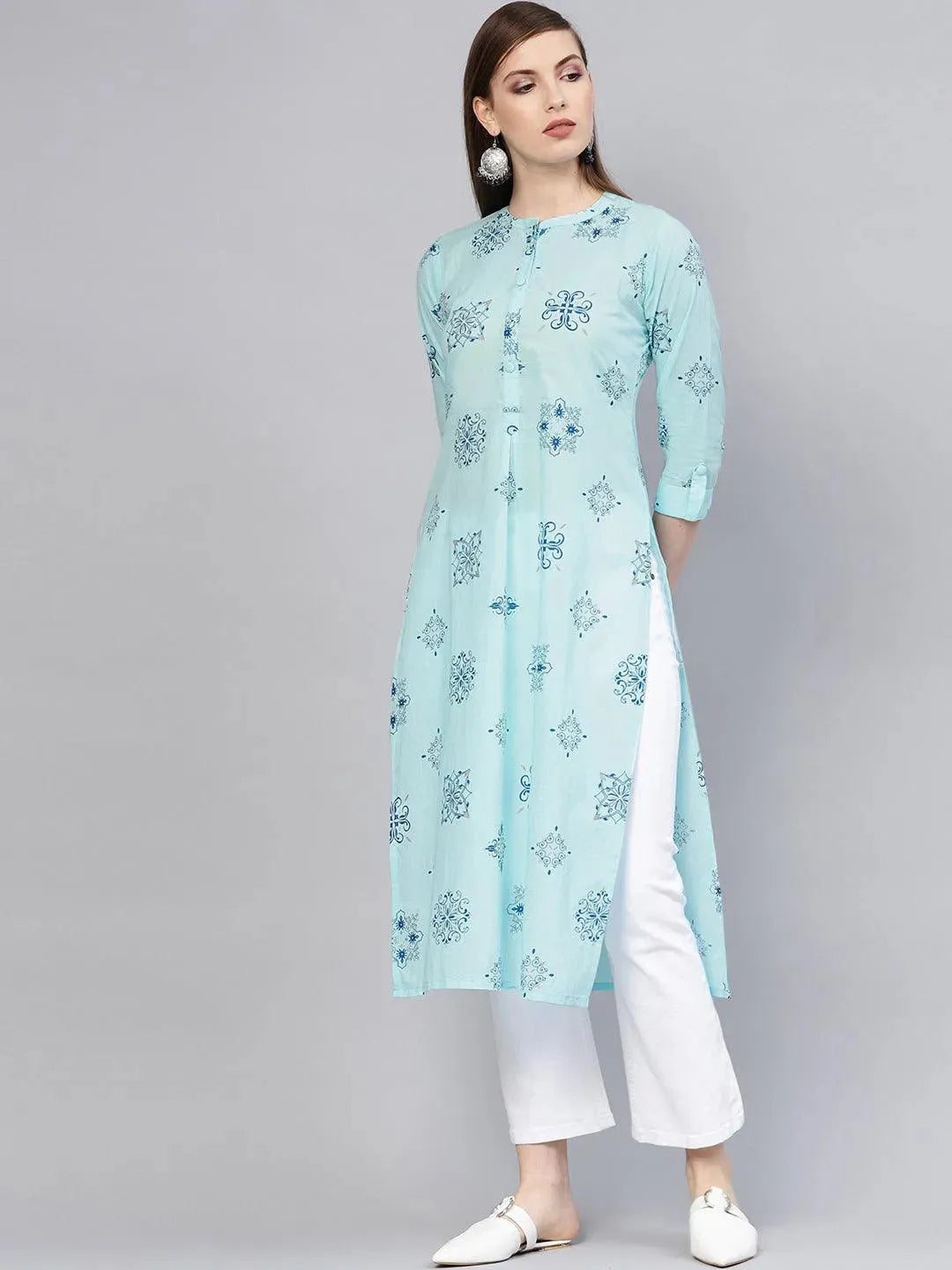 Blue Printed Cotton Kurta - Libas