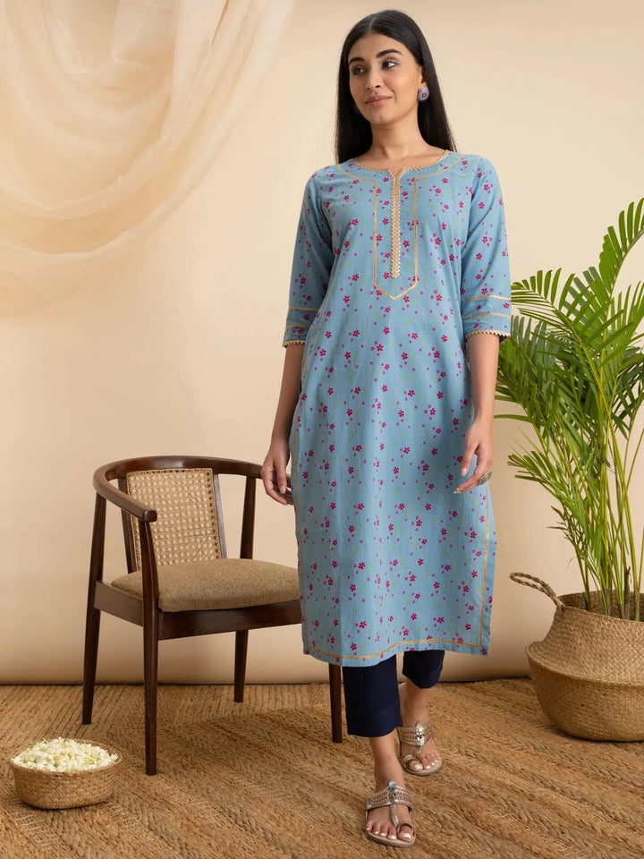 Blue Printed Cotton Kurta - Libas