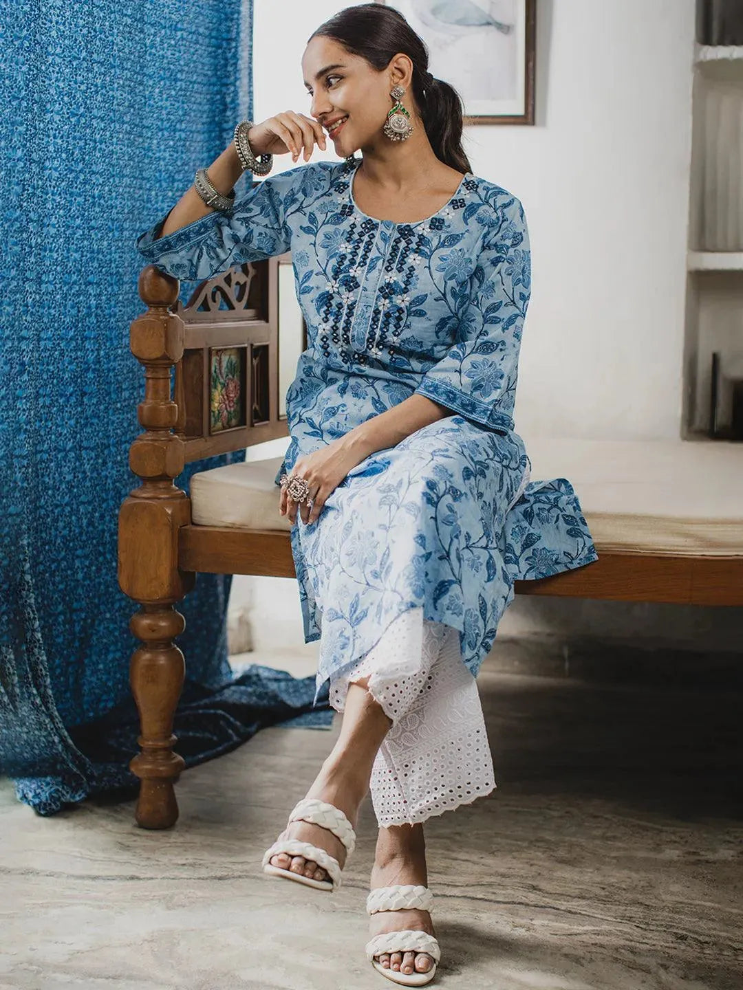 Blue Printed Cotton Kurta - Libas