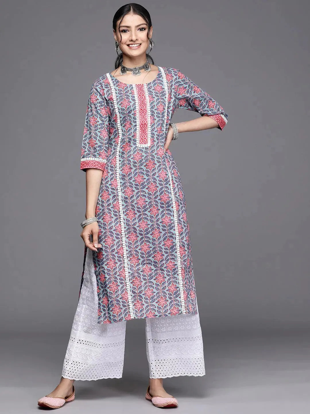 Blue Printed Cotton Kurta