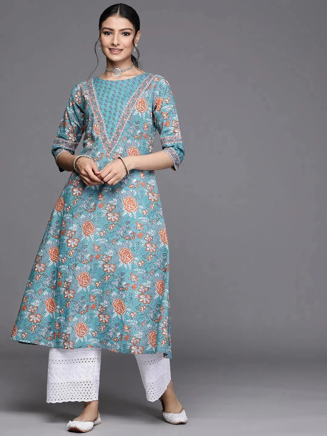 Blue Printed Cotton Kurta - Libas