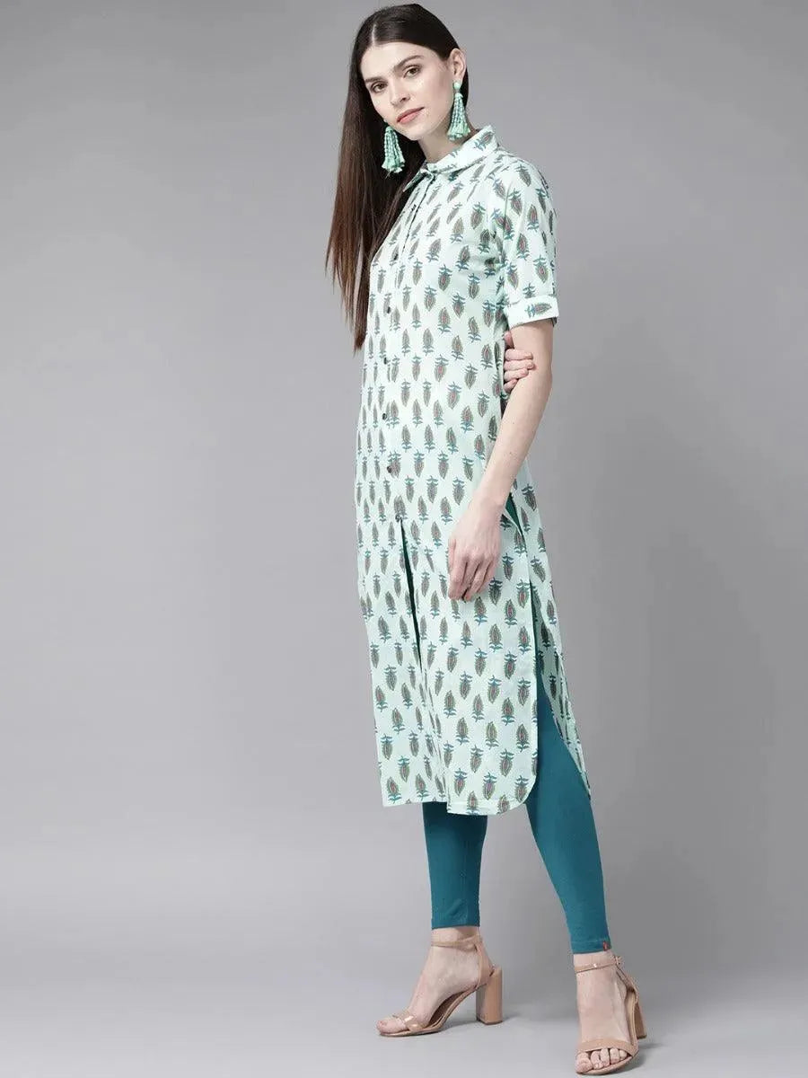 Blue Printed Cotton Kurta - Libas 