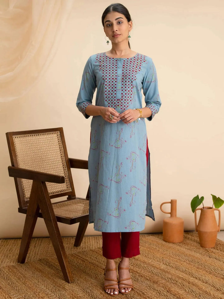 Blue Printed Cotton Kurta - Libas