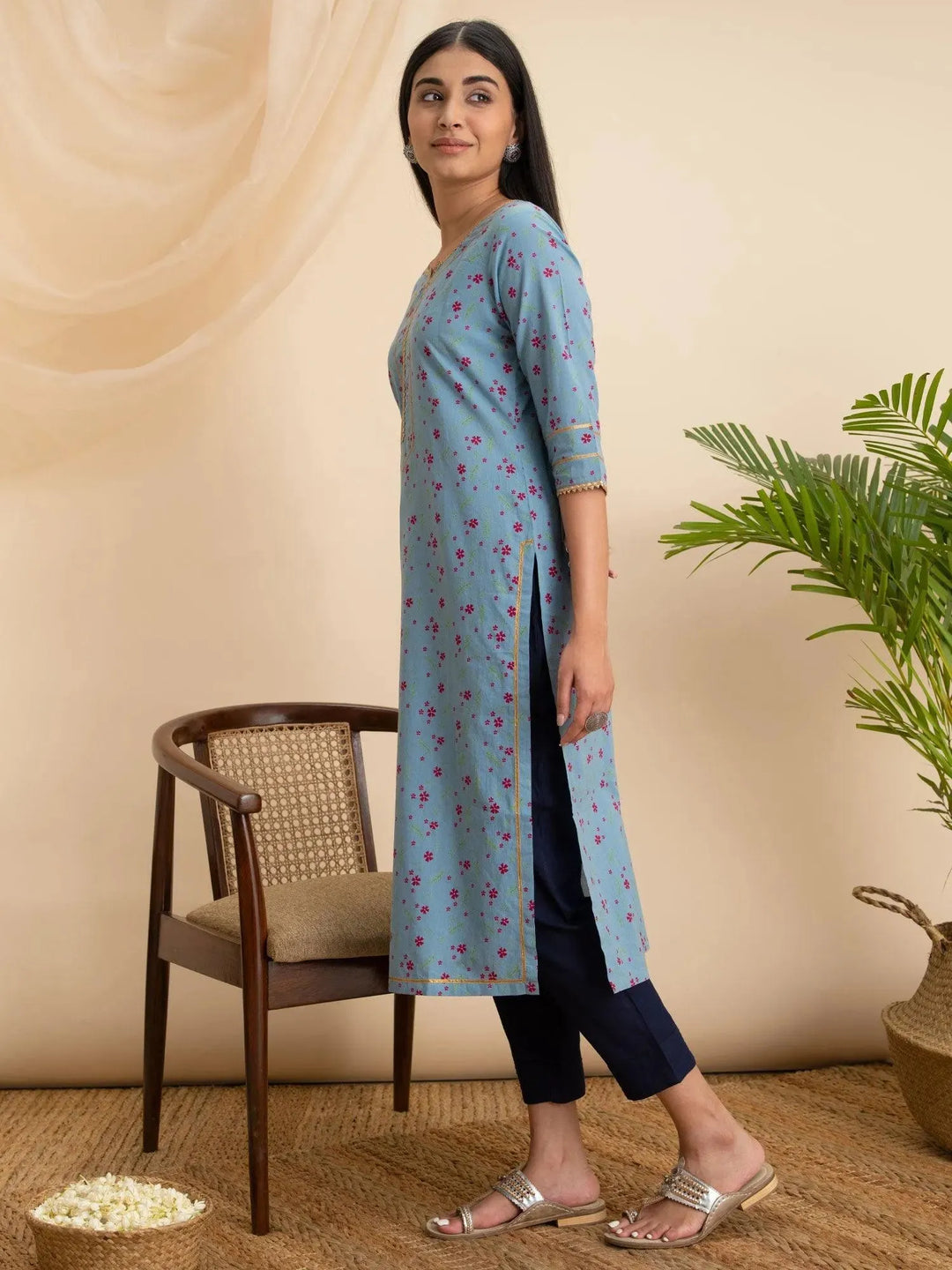 Blue Printed Cotton Kurta - Libas