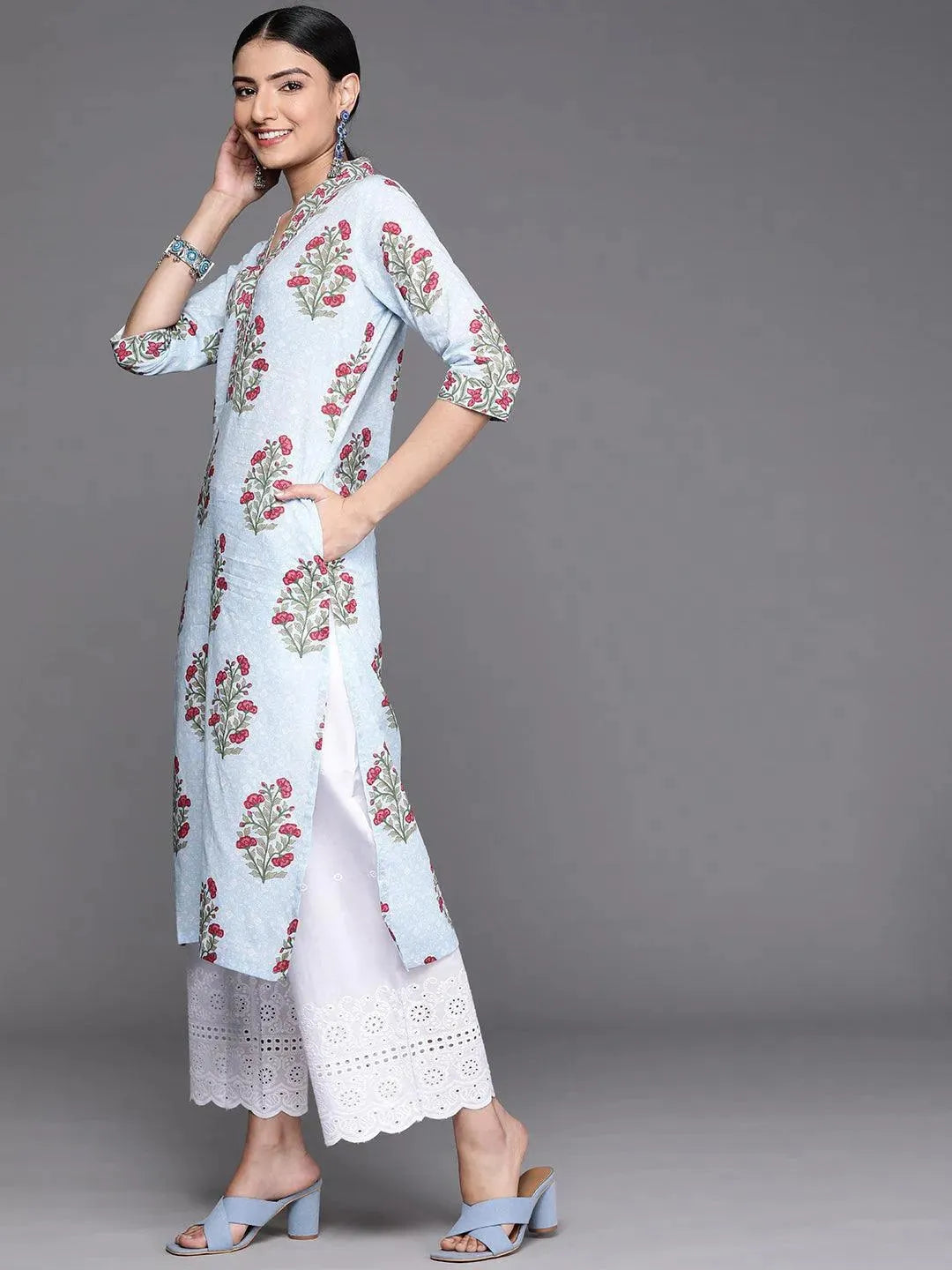 Blue Printed Cotton Kurta - Libas 