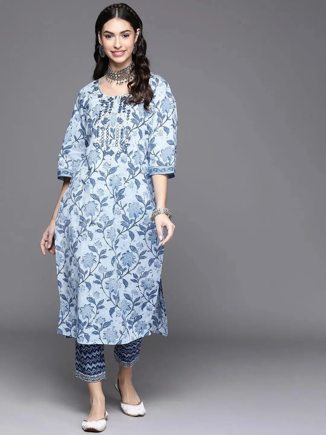 Blue Printed Cotton Kurta - Libas