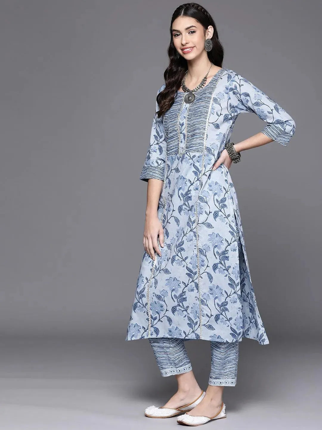Blue Printed Cotton Kurta - Libas 