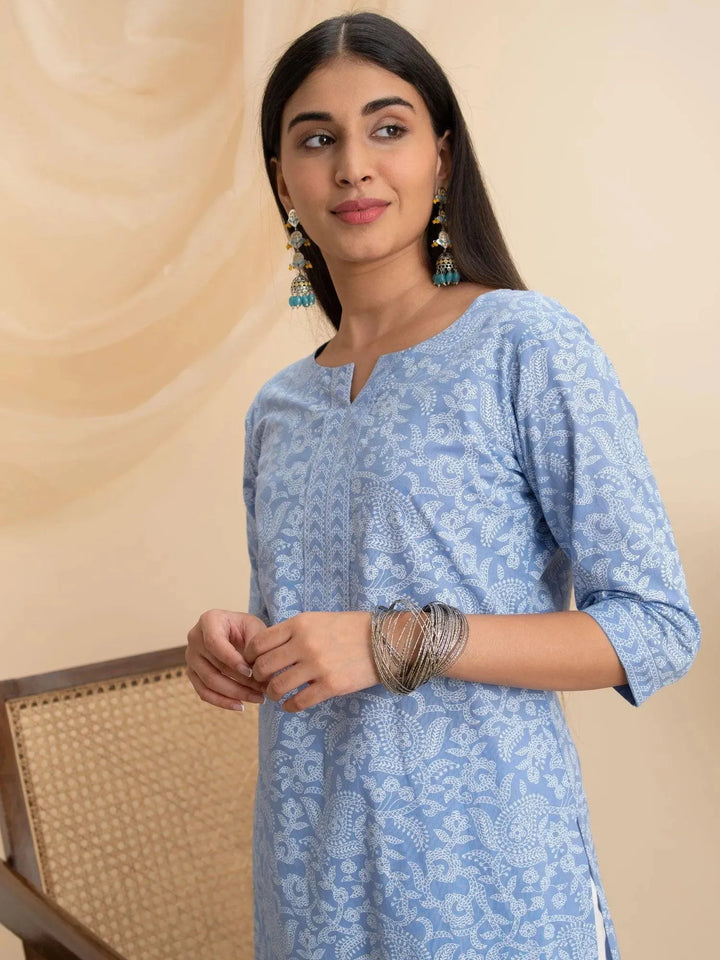 Blue Printed Cotton Kurta - Libas