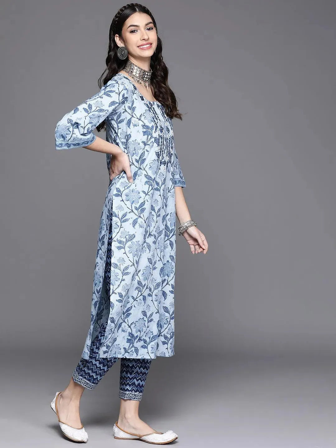 Blue Printed Cotton Kurta - Libas