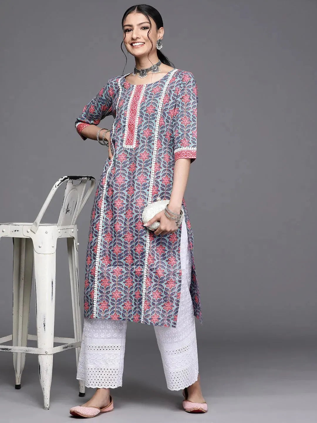 Blue Printed Cotton Kurta - Libas