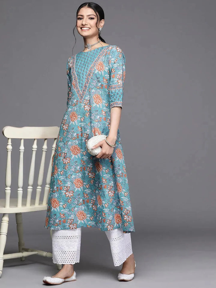 Blue Printed Cotton Kurta - Libas