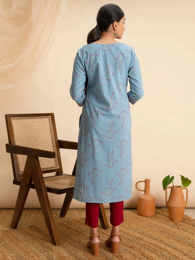 Blue Printed Cotton Kurta - Libas