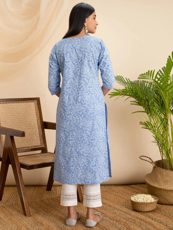 Blue Printed Cotton Kurta - Libas