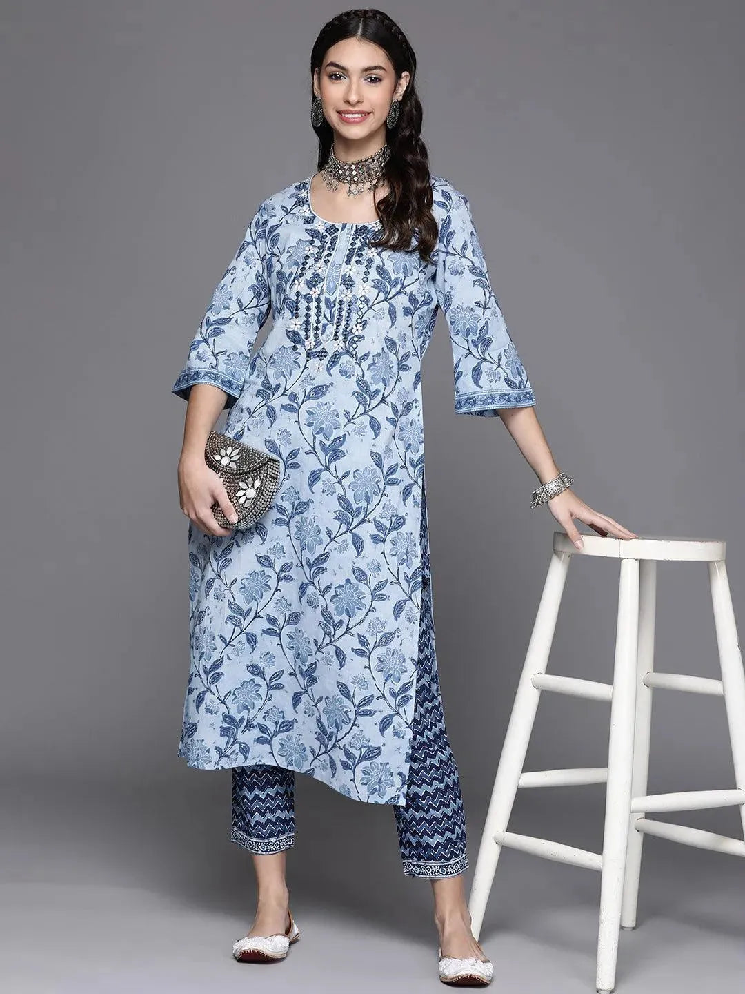 Blue Printed Cotton Kurta - Libas