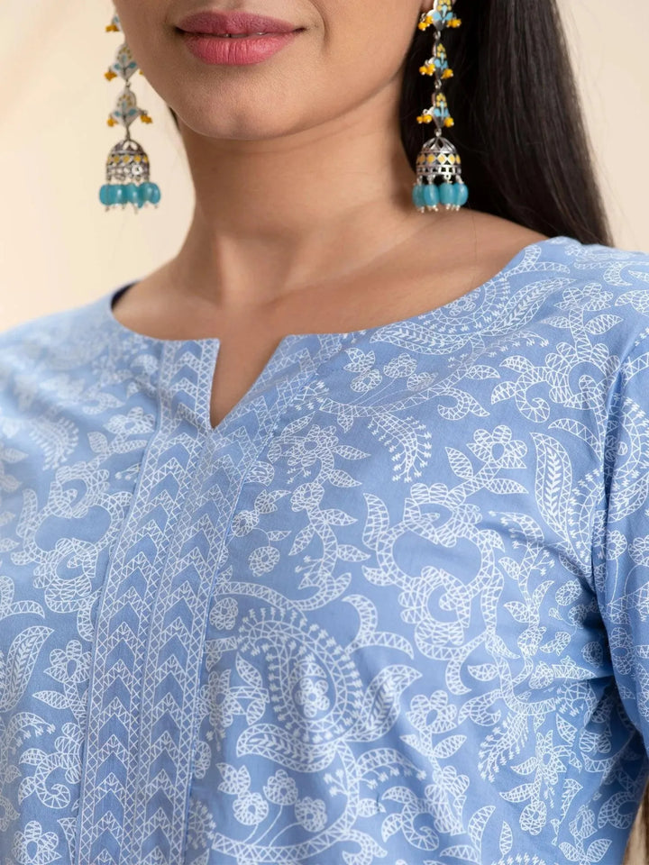 Blue Printed Cotton Kurta - Libas