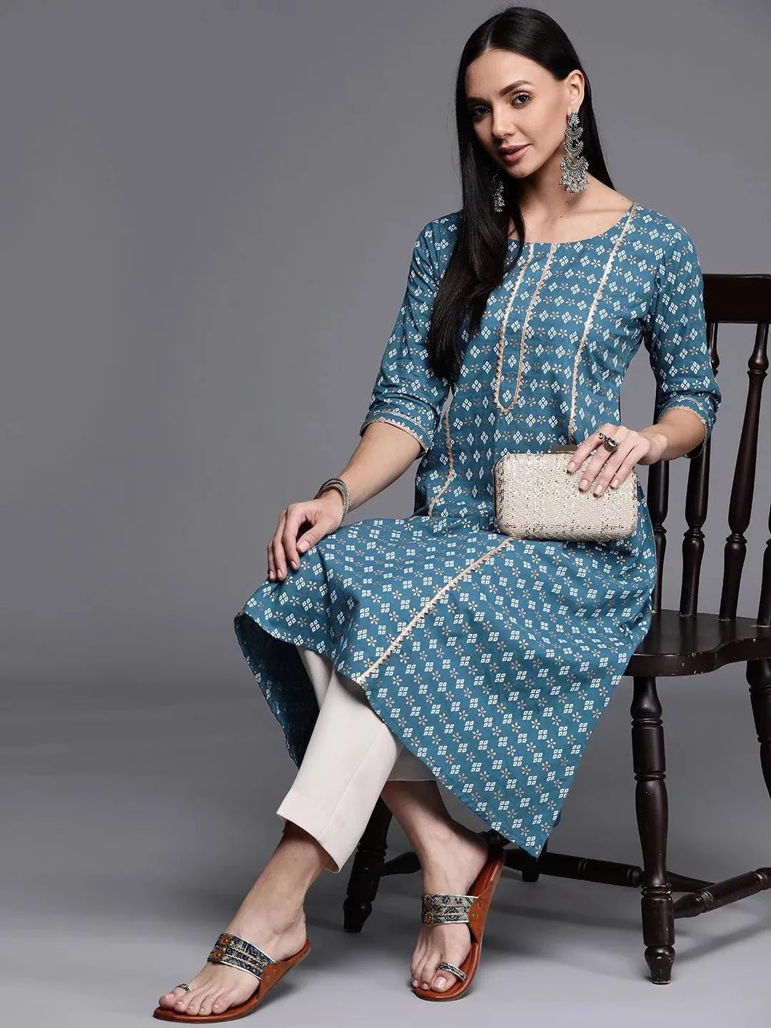 Blue Printed Cotton Kurta - Libas