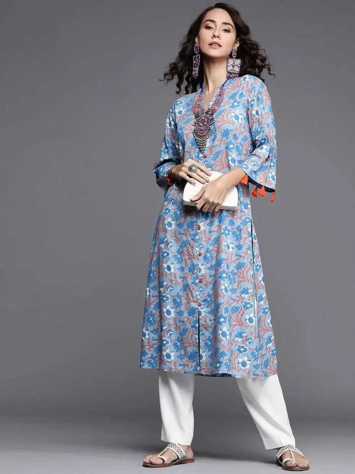 Blue Printed Cotton Kurta - Libas