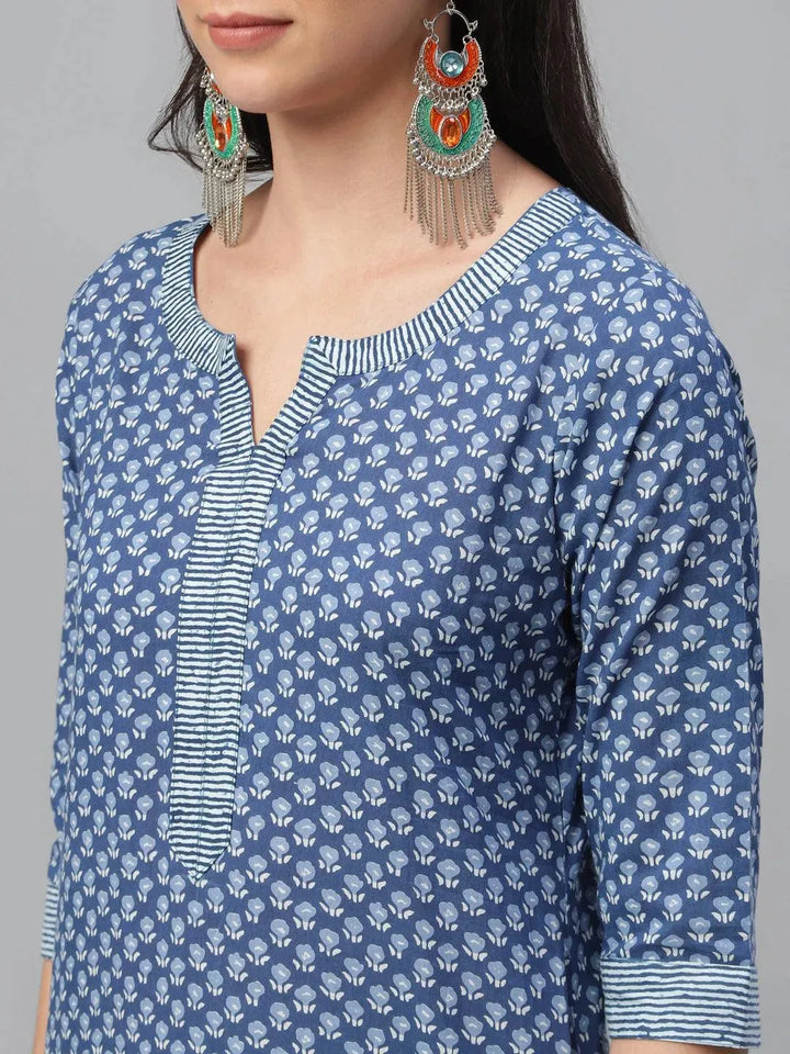 Blue Printed Cotton Kurta - Libas