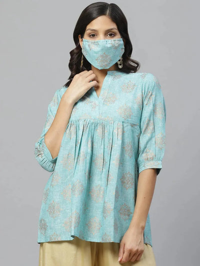 Blue Printed Cotton Kurti With Mask - Libas