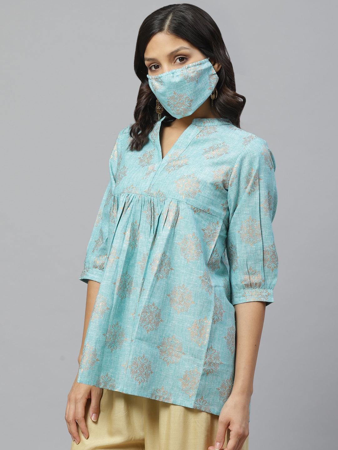 Blue Printed Cotton Kurti With Mask