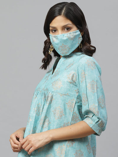Blue Printed Cotton Kurti With Mask - Libas