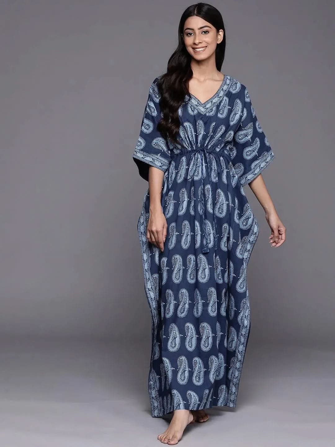 Blue Printed Cotton Night Dress - Libas 