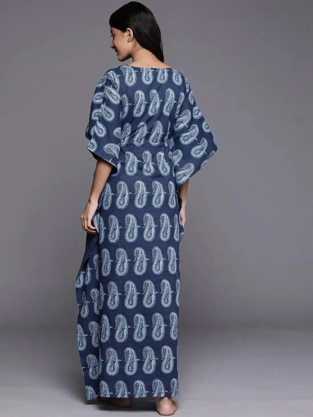 Blue Printed Cotton Night Dress - Libas 