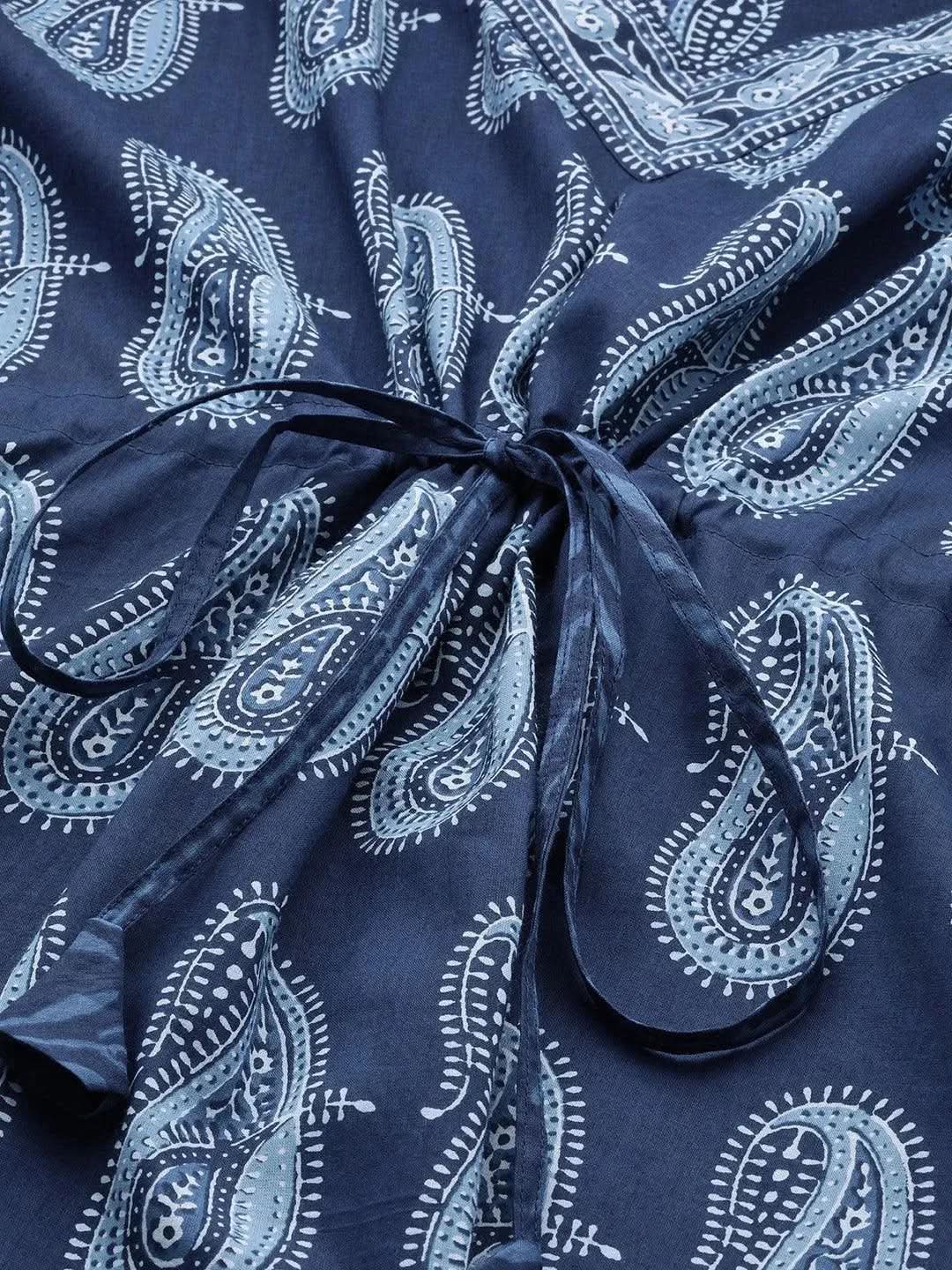 Blue Printed Cotton Night Dress - Libas 