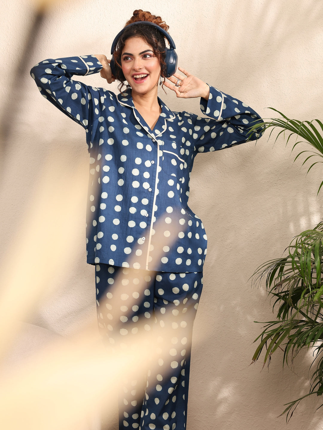 Blue Printed Cotton Night Suit