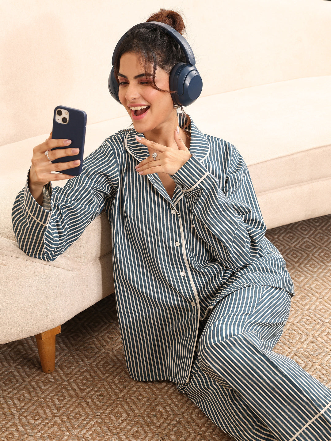 Blue Printed Cotton Night Suit