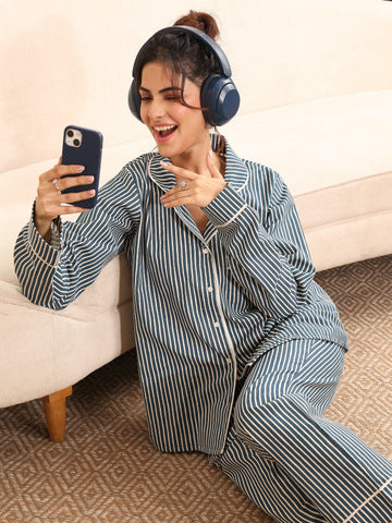 Blue Printed Cotton Night Suit