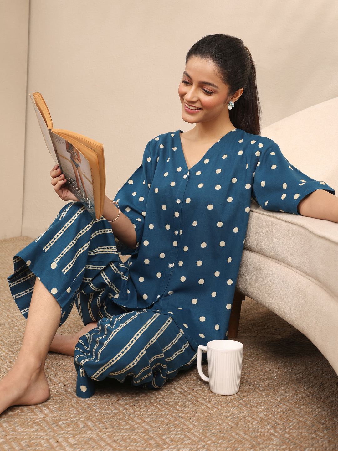 Blue Printed Cotton Night Suit