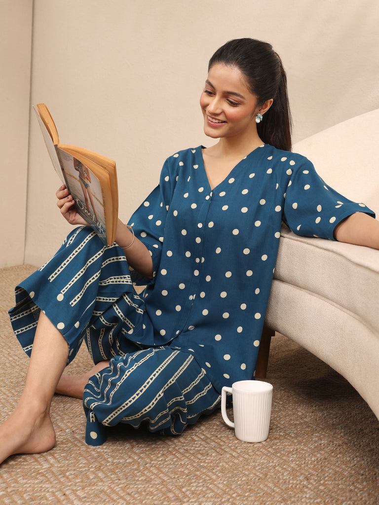 Libas Blue Printed Cotton Night Suit
