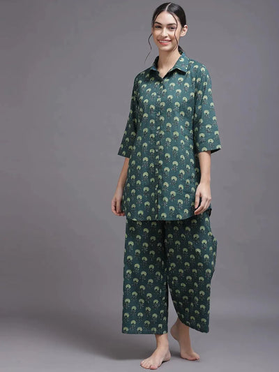 Blue Printed Cotton Night Suit - Libas