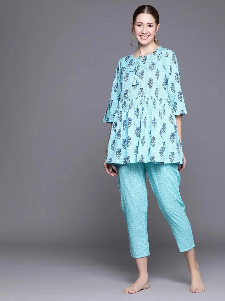 Blue Printed Cotton Night Suit - Libas