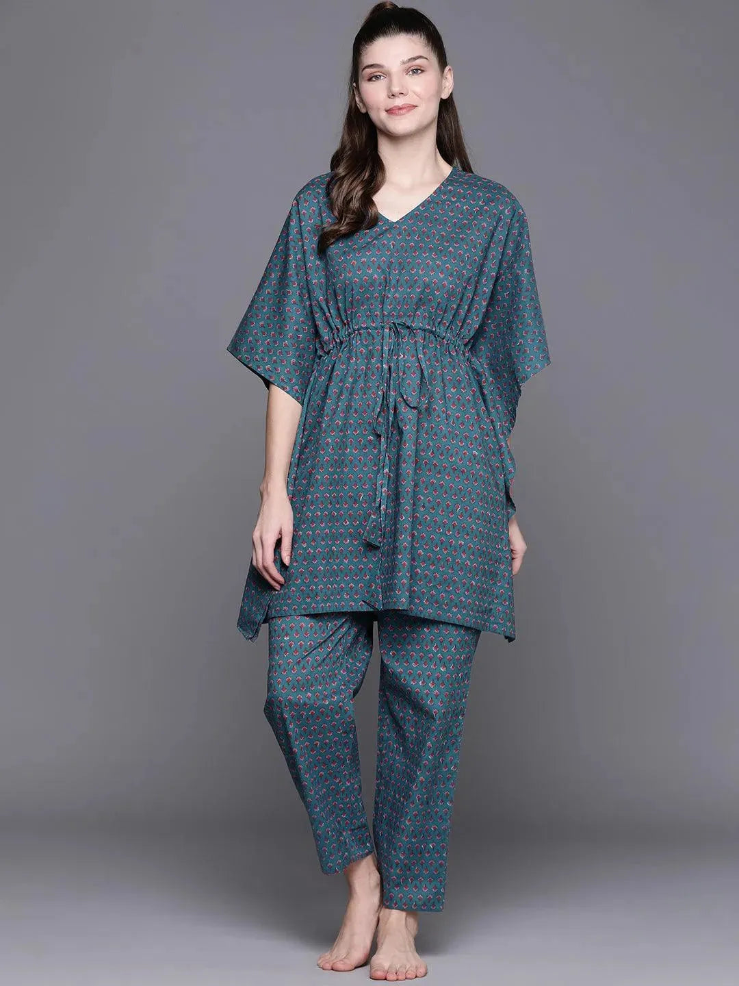 Blue Printed Cotton Night Suit - Libas