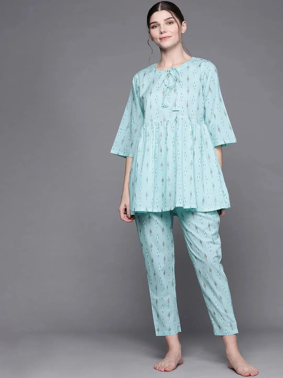 Blue Printed Cotton Night Suit - Libas