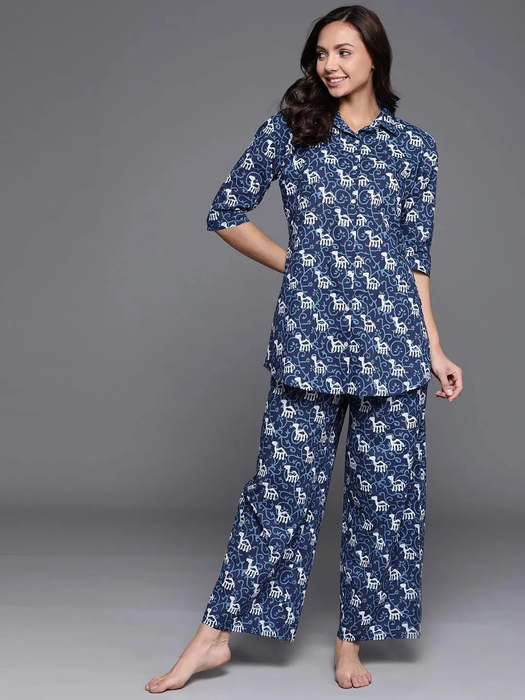 Blue Printed Cotton Night Suit - Libas 