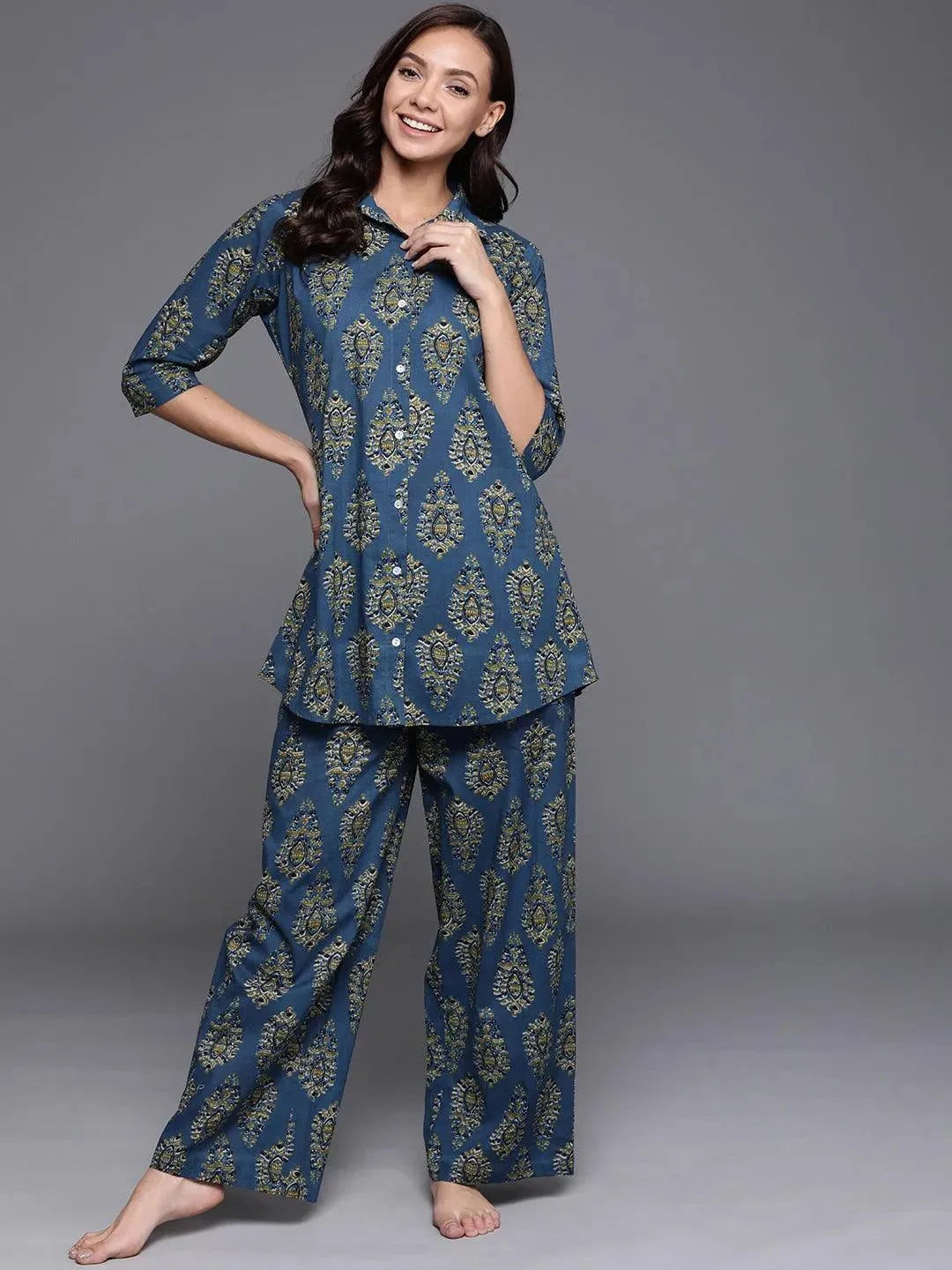 Blue Printed Cotton Night Suit - Libas