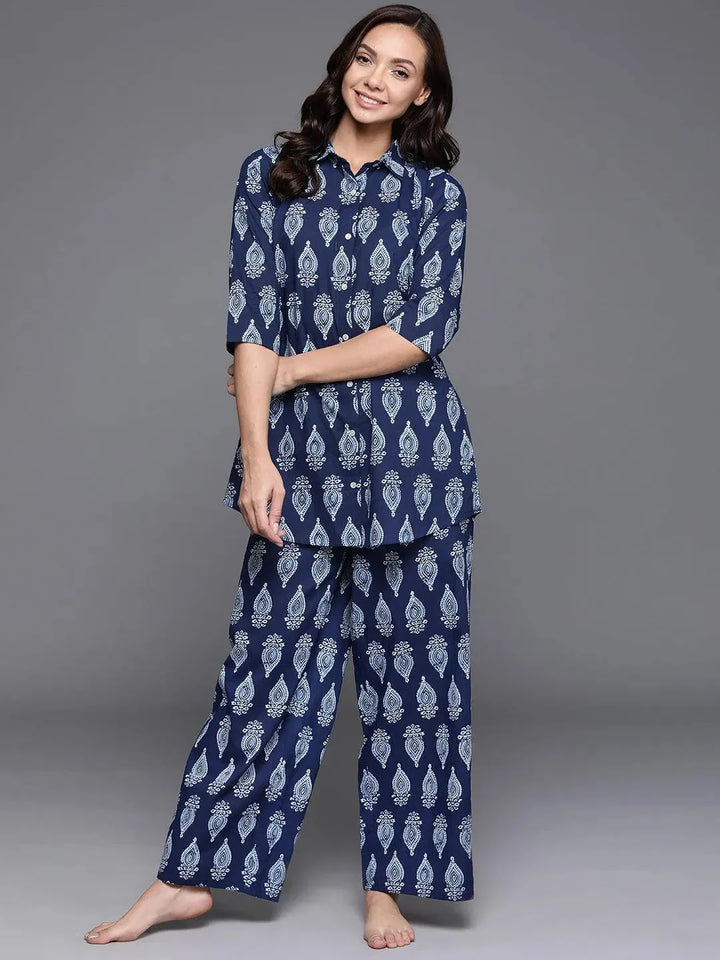 Blue Printed Cotton Night Suit - Libas