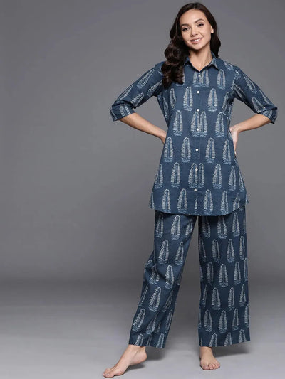 Blue Printed Cotton Night Suit - Libas